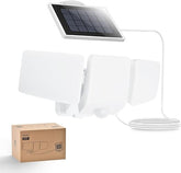 Two solar-powered outdoor lights with a cardboard box on a white background